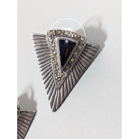 Art Deco Revival 925 Black Marcasite Triangle Drop Earrings Pierced - Picture 3 of 8